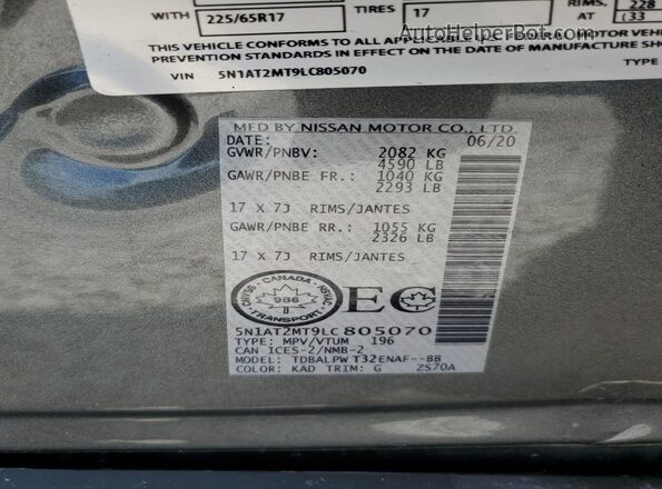 5N1AT2MT9LC805070 2020 NISSAN ROGUE Silver Widok naklejki z numerem VIN