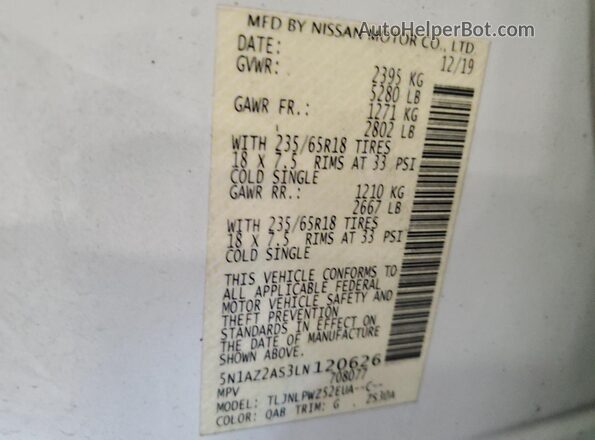 5N1AZ2AS3LN120626 2020 NISSAN MURANO White VIN sticker view