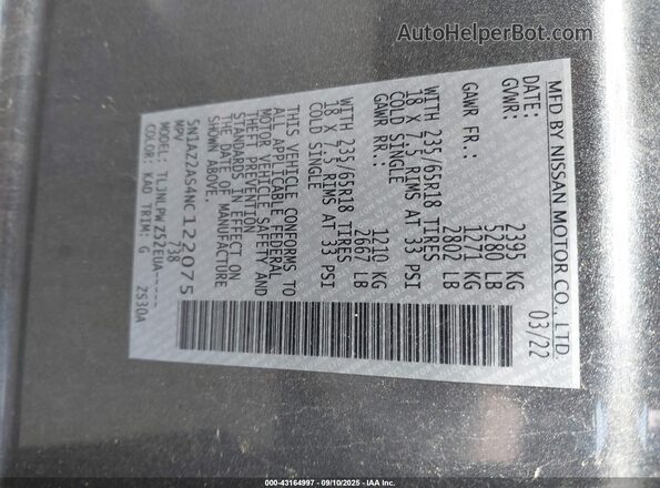 5N1AZ2AS4NC122075 2022 NISSAN MURANO Gray 
