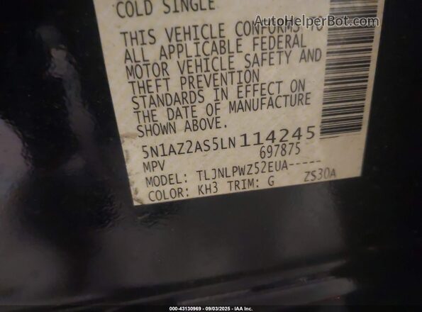 5N1AZ2AS5LN114245 2020 NISSAN MURANO Черный Вид подкапотного пространства