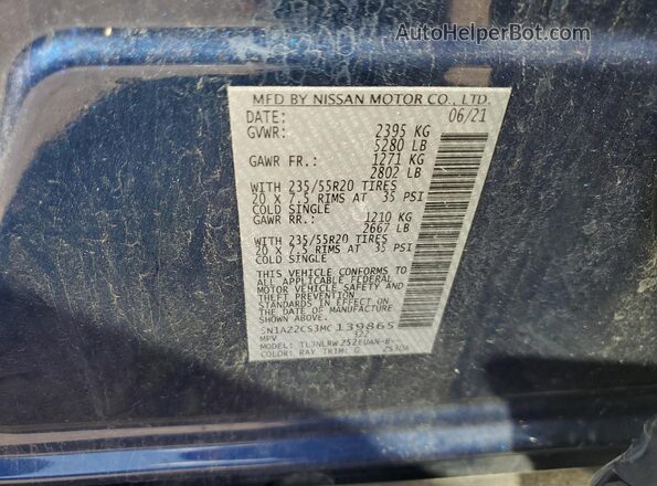 5N1AZ2CS3MC139865 2021 NISSAN MURANO Blue Вид наклейки з VIN-кодом