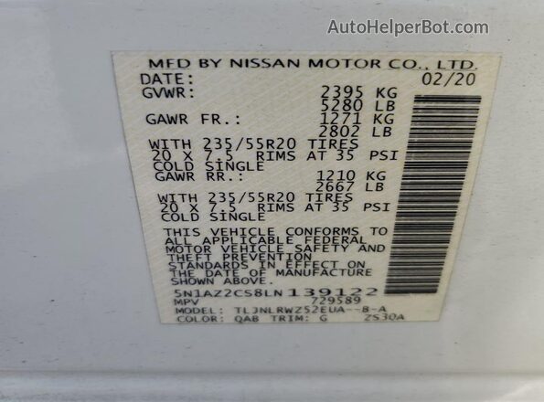 5N1AZ2CS8LN139122 2020 NISSAN MURANO White Вид наклейки з VIN-кодом