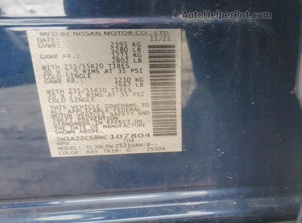 5N1AZ2CS8NC107804 2022 NISSAN MURANO Blue Vista interior de 360 grados
