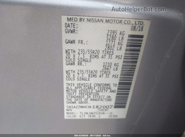 5N1AZ2MH4JN182002 2018 NISSAN MURANO Silver 