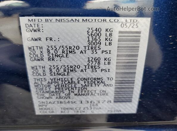 5N1AZ3BS4SC136378 2025 NISSAN MURANO Blue Սալոնի 360 աստիճան տեսք
