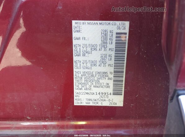 5N1CZ2MH2GN149954 2016 NISSAN MURANO HYBRID Red Вид підкапотного простору