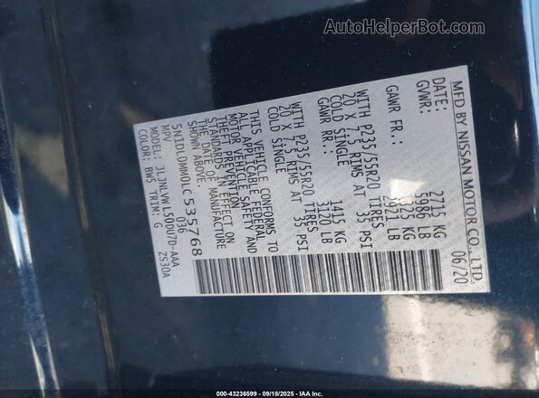 5N1DL0MM0LC535768 2020 INFINITI QX60 Black Engine compartment view