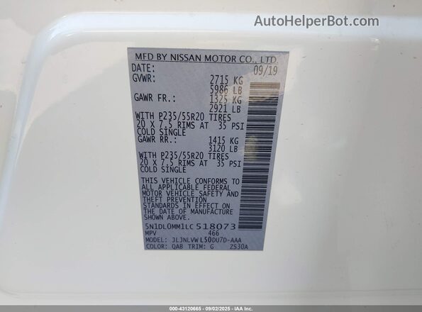 5N1DL0MM1LC518073 2020 INFINITI QX60 White Engine compartment view
