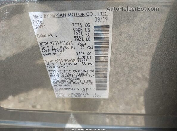 5N1DL0MM4LC515832 2020 INFINITI QX60 Gray Вид підкапотного простору