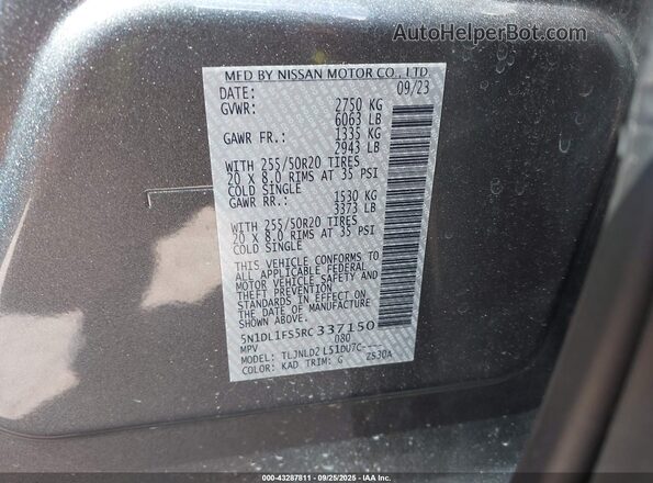 5N1DL1FS5RC337150 2024 INFINITI QX60 Gray VIN կոդի պիտակի տեսք