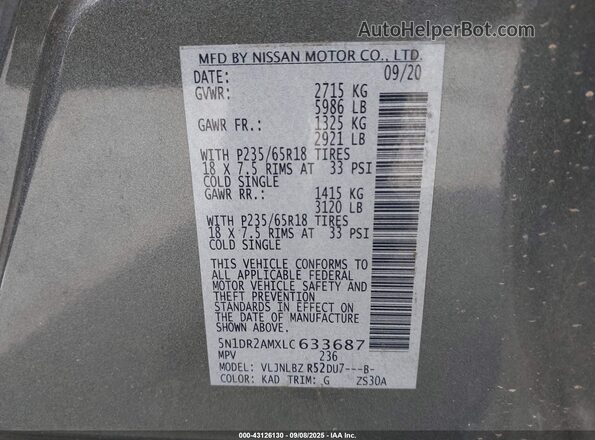 5N1DR2AMXLC633687 2020 NISSAN PATHFINDER Gray ძრავის განყოფილების ხედი