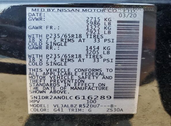 5N1DR2AN0LC616289 2020 NISSAN PATHFINDER Black სალონის 360-გრადუსიანი ხედი