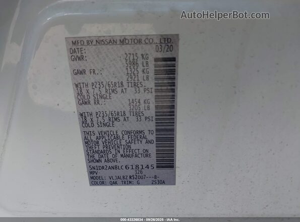 5N1DR2AN8LC618145 2020 NISSAN PATHFINDER White ძრავის განყოფილების ხედი