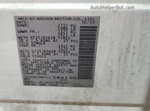 5N1DR2BM2LC584130 2020 NISSAN PATHFINDER White Widok naklejki z numerem VIN