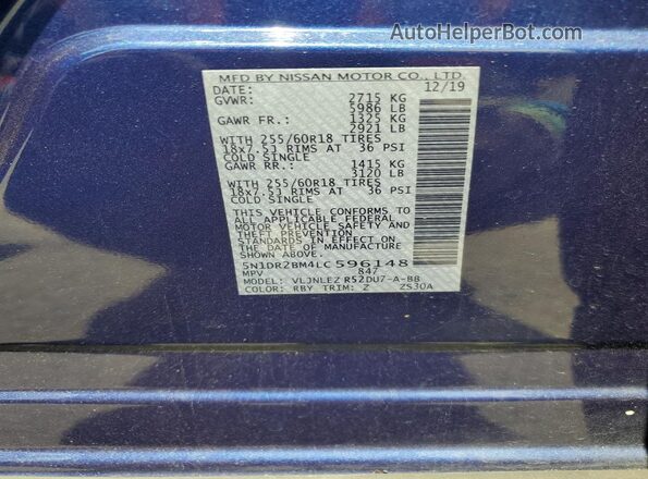 5N1DR2BM4LC596148 2020 NISSAN PATHFINDER Blue VIN კოდის სტიკერის ხედი