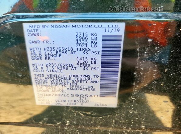 5N1DR2BM7LC590540 2020 NISSAN PATHFINDER Green VIN sticker view