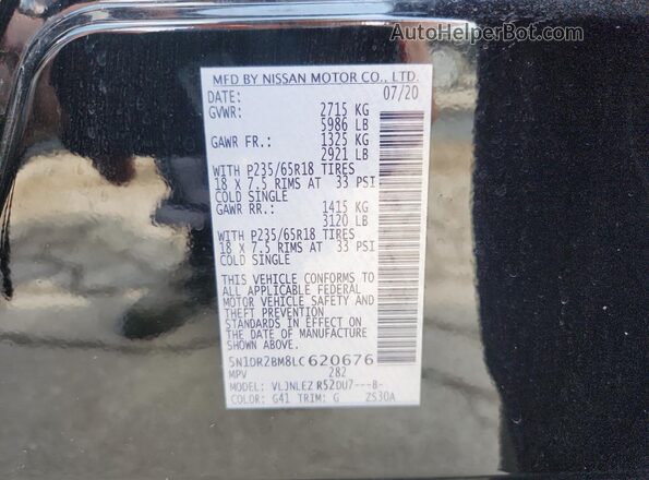 5N1DR2BM8LC620676 2020 NISSAN PATHFINDER Black VIN sticker view