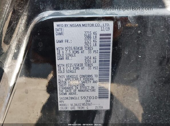5N1DR2BN1LC597010 2020 NISSAN PATHFINDER Black Engine compartment view