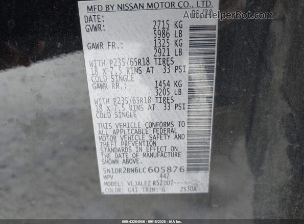 5N1DR2BN6LC605876 2020 NISSAN PATHFINDER Black Engine compartment view