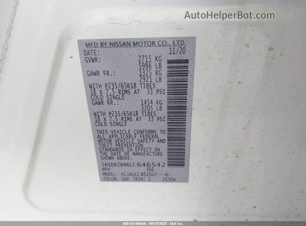 5N1DR2BN6LC646542 2020 NISSAN PATHFINDER White Widok komory silnika