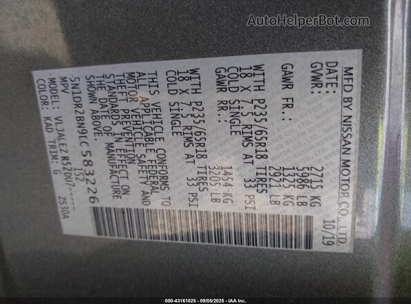 5N1DR2BN9LC583226 2020 NISSAN PATHFINDER Gray Вид підкапотного простору