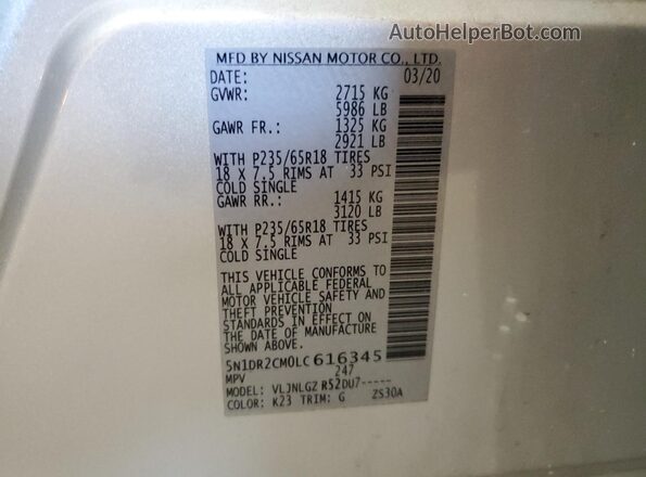5N1DR2CM0LC616345 2020 NISSAN PATHFINDER Silver VIN კოდის სტიკერის ხედი