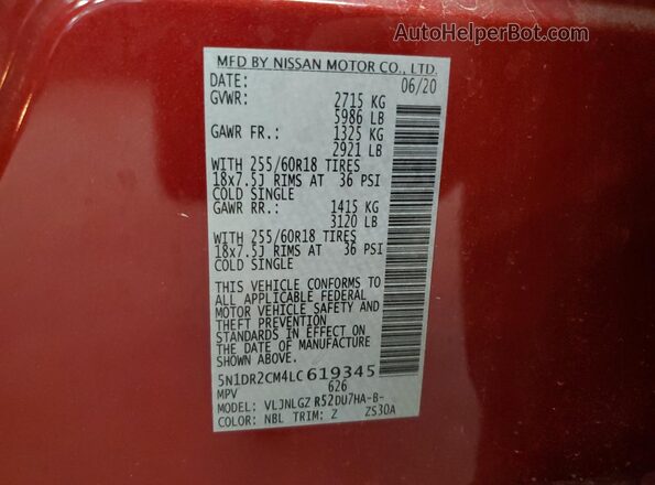 5N1DR2CM4LC619345 2020 NISSAN PATHFINDER Burgundy VIN კოდის სტიკერის ხედი