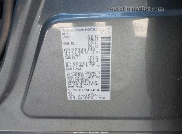 5N1DR2CM6LC604006 2020 NISSAN PATHFINDER Gray ძრავის განყოფილების ხედი
