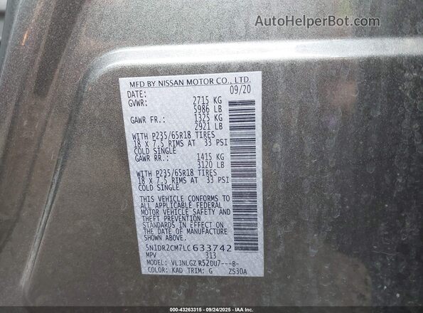 5N1DR2CM7LC633742 2020 NISSAN PATHFINDER Gray ძრავის განყოფილების ხედი