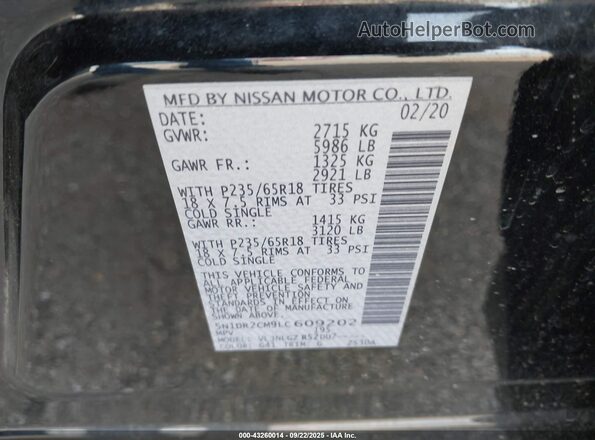 5N1DR2CM9LC609202 2020 NISSAN PATHFINDER Black ძრავის განყოფილების ხედი