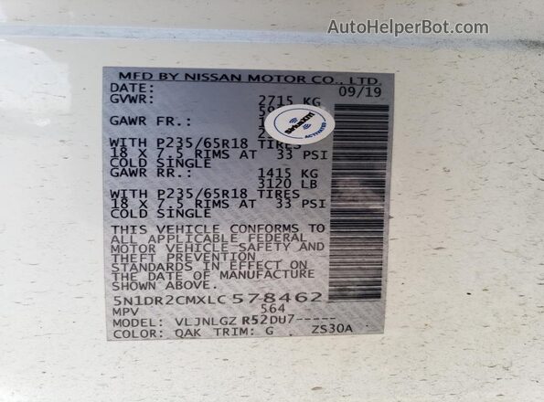5N1DR2CMXLC578462 2020 NISSAN PATHFINDER White Vista del compartimento del motor