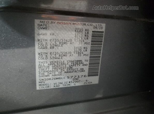 5N1DR2DM6LC577176 2020 NISSAN PATHFINDER Gray VIN կոդի պիտակի տեսք