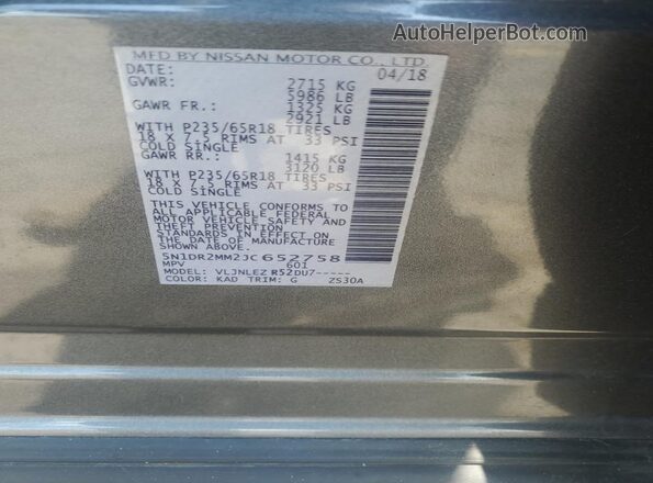 5N1DR2MM2JC652758 2018 NISSAN PATHFINDER Gray 