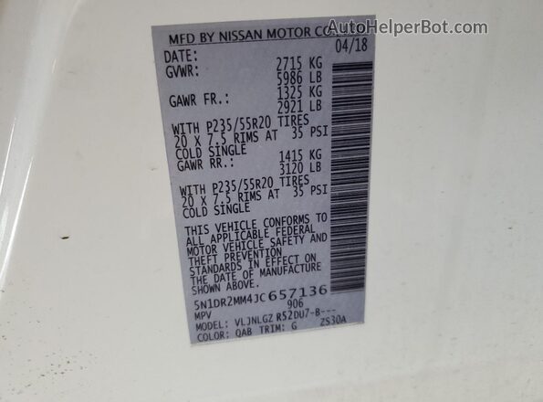 5N1DR2MM4JC657136 2018 NISSAN PATHFINDER White 