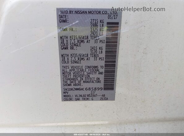 5N1DR2MM6HC685899 2017 NISSAN PATHFINDER White 
