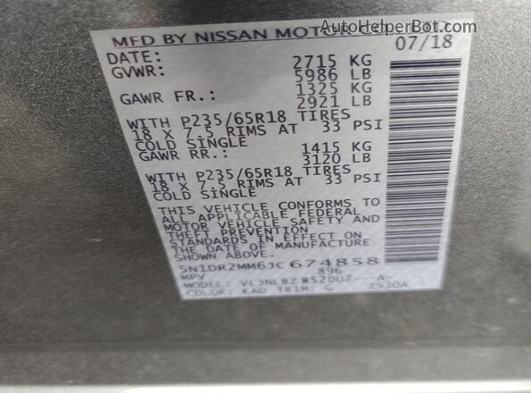 5N1DR2MM6JC674858 2018 NISSAN PATHFINDER Gray 