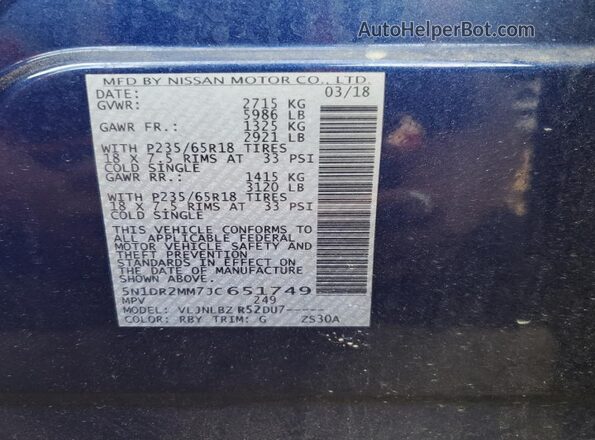 5N1DR2MM7JC651749 2018 NISSAN PATHFINDER Blue 
