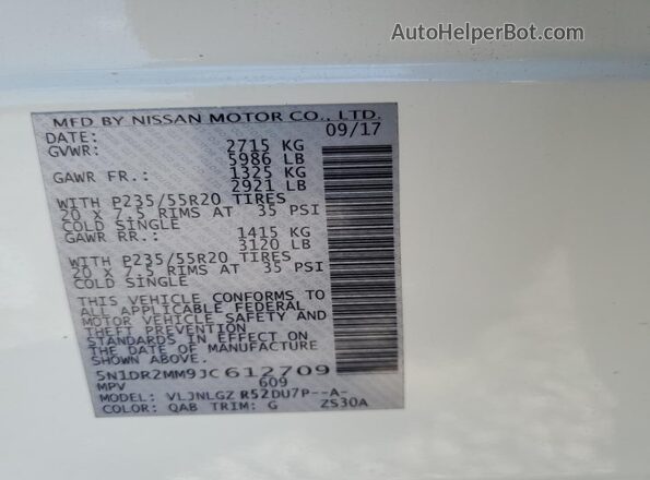 5N1DR2MM9JC612709 2018 NISSAN PATHFINDER White 