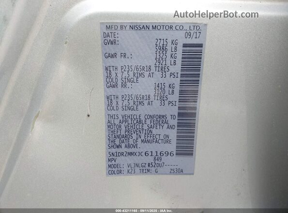 5N1DR2MMXJC611696 2018 NISSAN PATHFINDER Серебряный 