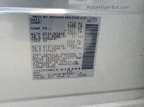 5N1DR2MN2JC618344 2018 NISSAN PATHFINDER Silver 