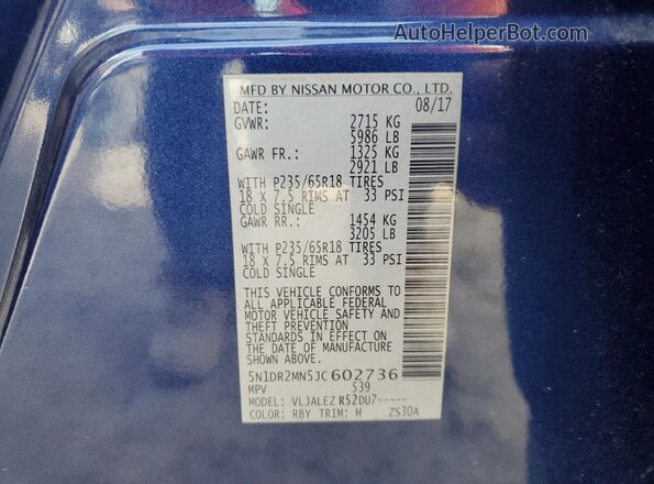 5N1DR2MN5JC602736 2018 NISSAN PATHFINDER Blue 