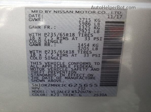 5N1DR2MNXJC625655 2018 NISSAN PATHFINDER Silver 