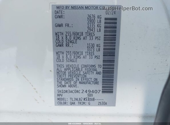 5N1DR3AC0RC249407 2024 NISSAN PATHFINDER White 