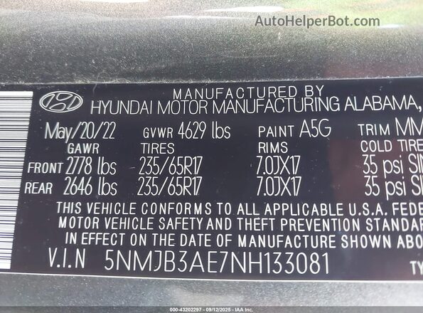 5NMJB3AE7NH133081 2022 HYUNDAI TUCSON Gray ძრავის განყოფილების ხედი