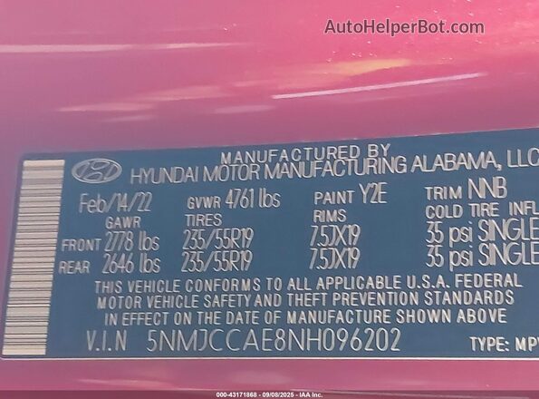 5NMJCCAE8NH096202 2022 HYUNDAI TUCSON Red Vista del compartimento del motor
