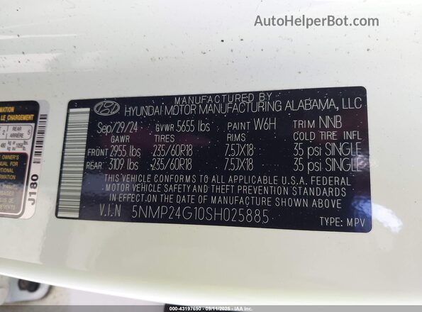 5NMP24G10SH025885 2025 HYUNDAI SANTA FE HYBRID White Вид підкапотного простору