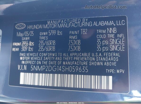 5NMP2DG14SH059635 2025 HYUNDAI SANTA FE HYBRID Blue Widok komory silnika