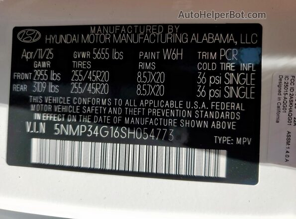 5NMP34G16SH054773 2025 HYUNDAI SANTA White 