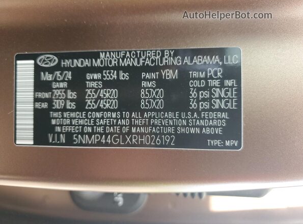 5NMP44GLXRH026192 2024 HYUNDAI SANTA Brown Սալոնի 360 աստիճան տեսք