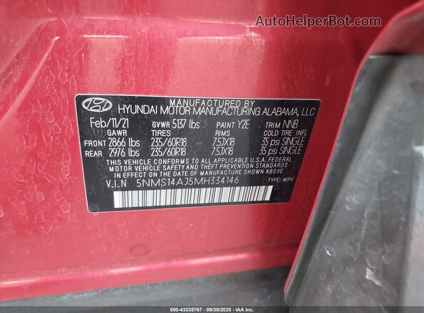 5NMS14AJ5MH334146 2021 HYUNDAI SANTA FE Красный Вид подкапотного пространства
